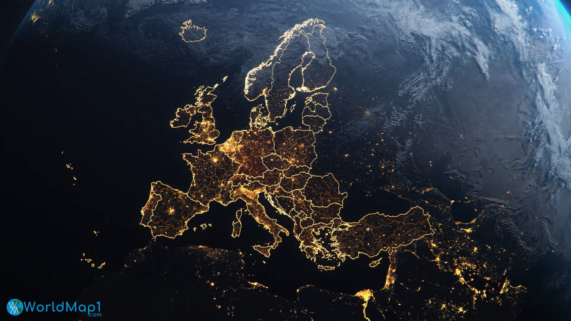 Europe National Border in the Night from Space